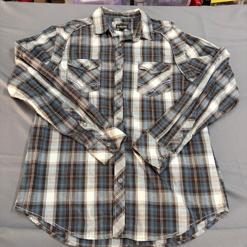 Helix Mens Athletic Fit Plaid Button Down Shirt Blue Brown Cotton Large L
